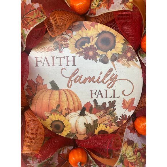 🍂 Faith Family Fall Wreath | Pumpkins & Sunflowers Autumn Thanksgiving Decor - Picture 2 of 8